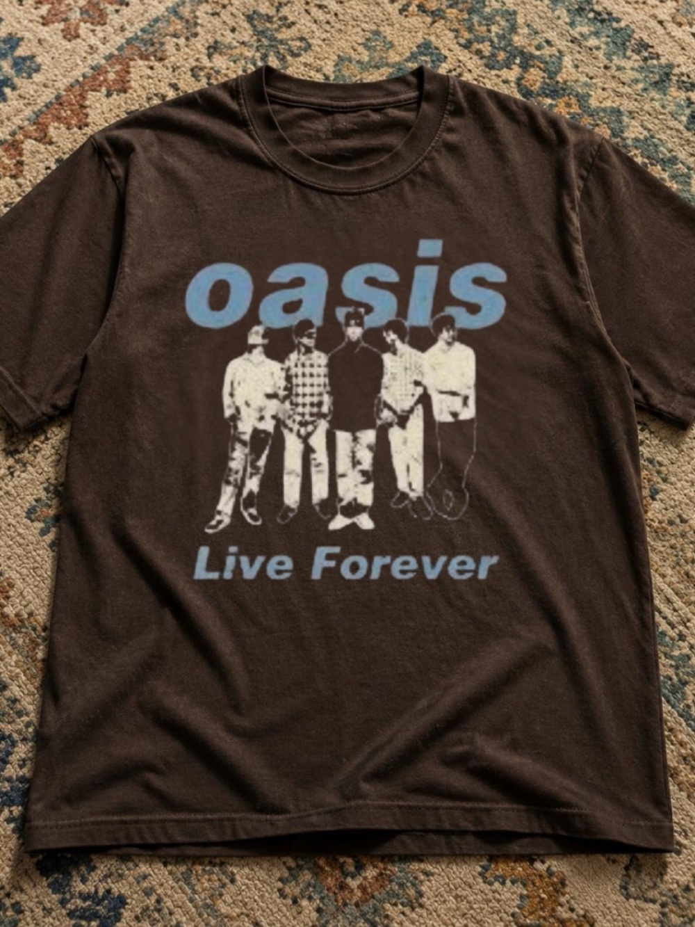 Gildan Brown Short Sleeve Tee with Light Blue Oasis 'Live Forever' Graphic